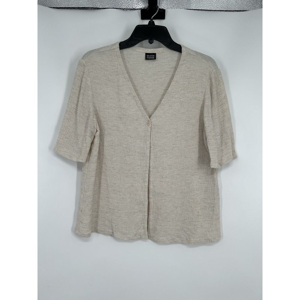 Eileen Fisher Rayon Linen Blend One Button Cardigan Half Sleeve Oatmeal Medium